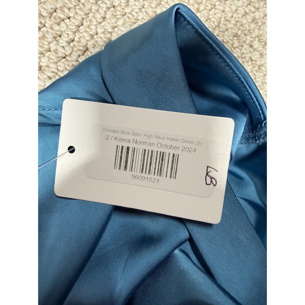 Showpo Kiarra Norman Halter Dress Satin Blue Size 2 Party Split Hem Cut V-Neck - Picture 6 of 9